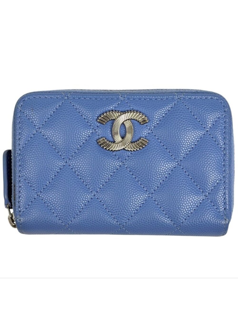 Chanel CC Logo Zip Around Coin Case Card Quilted Caviar Leather Blue